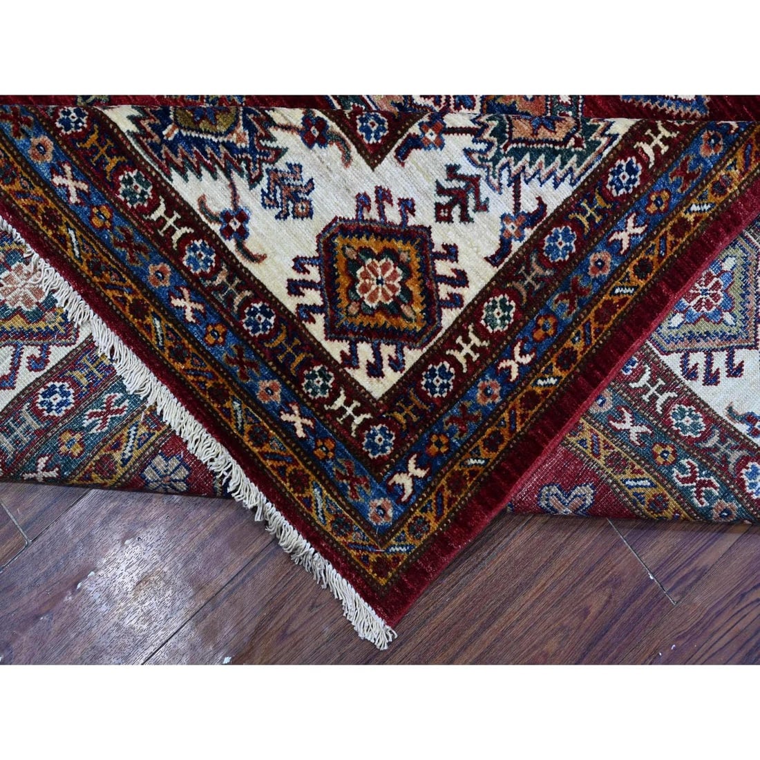 Red Hand Knotted Super Kazak All Over Motifs Wool Oriental Rug - 6
