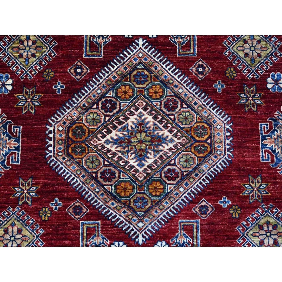 Red Hand Knotted Super Kazak All Over Motifs Wool Oriental Rug - 8