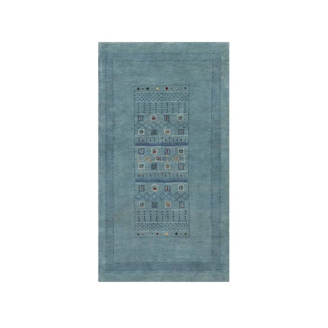 Blue Small Animal Figurines Lori Bust Gabbeh Hand Knotted Wool Rug: Title: Blue Small Animal Figurines Lori Bust Gabbeh Hand Knotted Wool Rug Description:This is a truly genuine one-of-a-kind. It has been Knotted for months and months in the centuries-old weaving craf