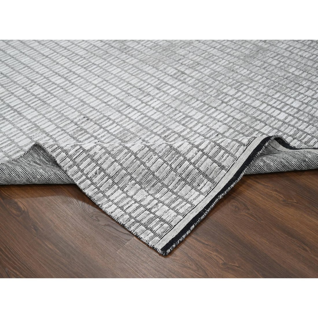 Gray and Black Hand Loomed Wool and Silk Modern Roman Design Rug - 6