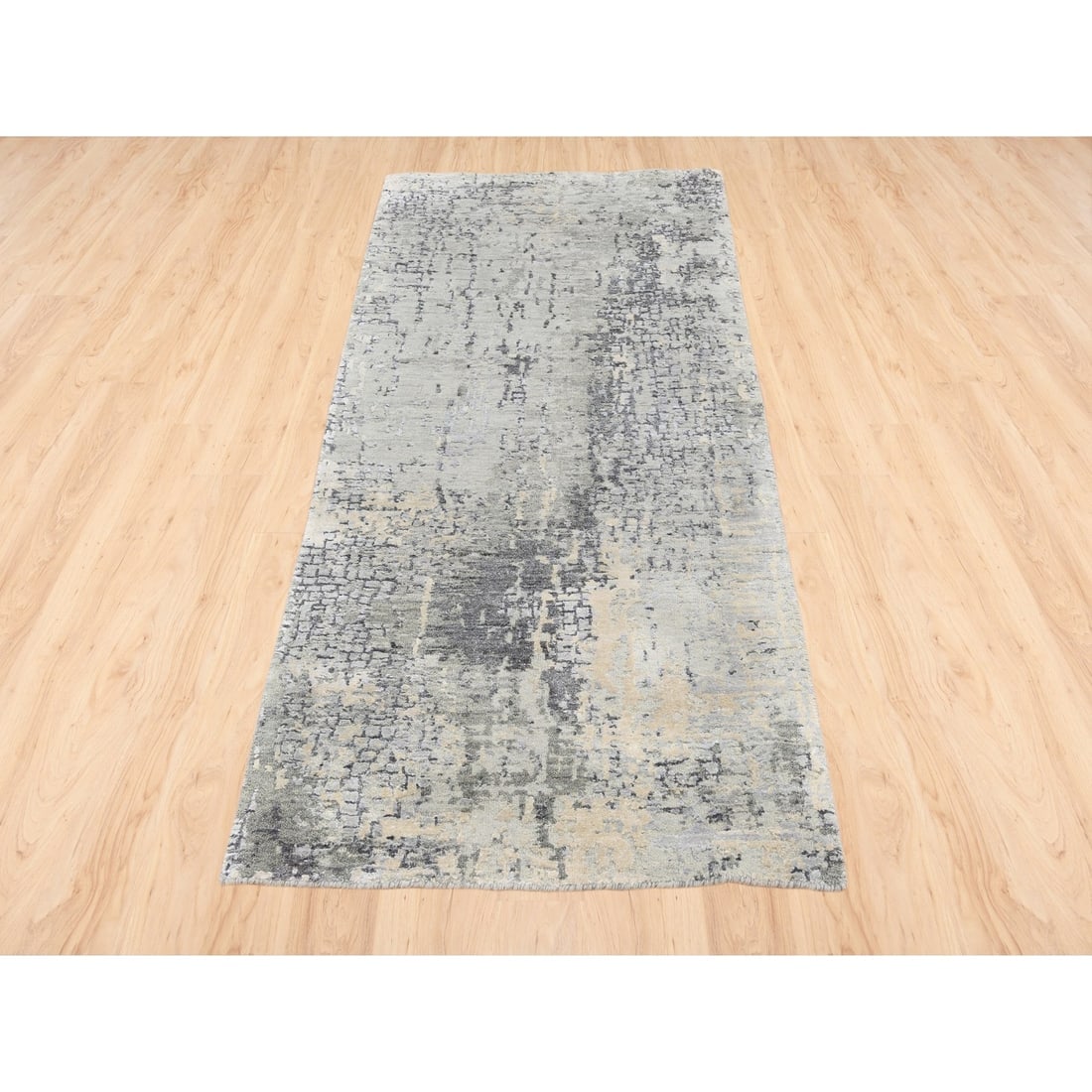 Taupe Wool and Silk Abstract with Mosaic Design Hand Knotted Rug - 2