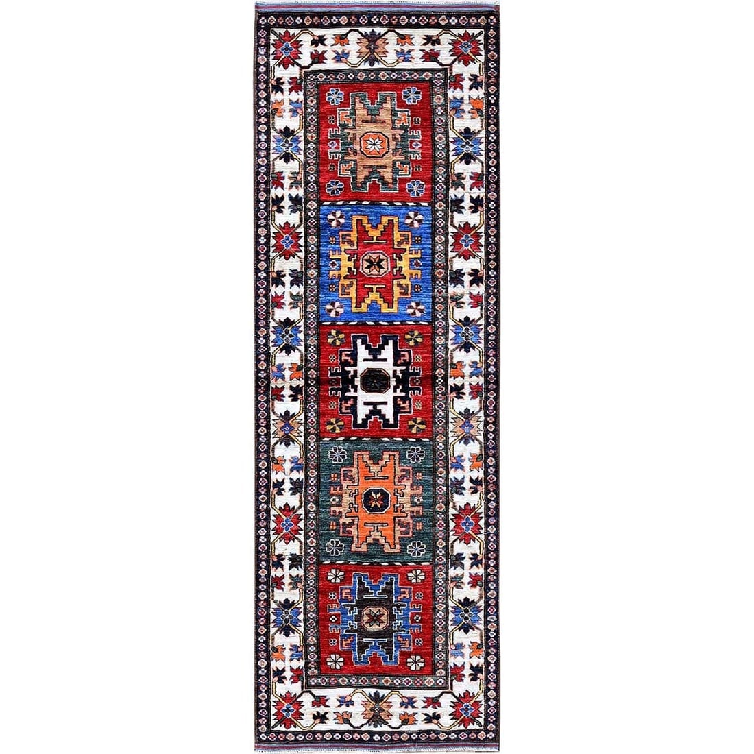 Colorful Caucasian Design Revival Soft Wool Hand Knotted Runner Rug: Title: Colorful Caucasian Design Revival Soft Wool Hand Knotted Runner Rug Description:This is a truly genuine one-of-a-kind. It has been Knotted for months and months in the centuries-old weaving