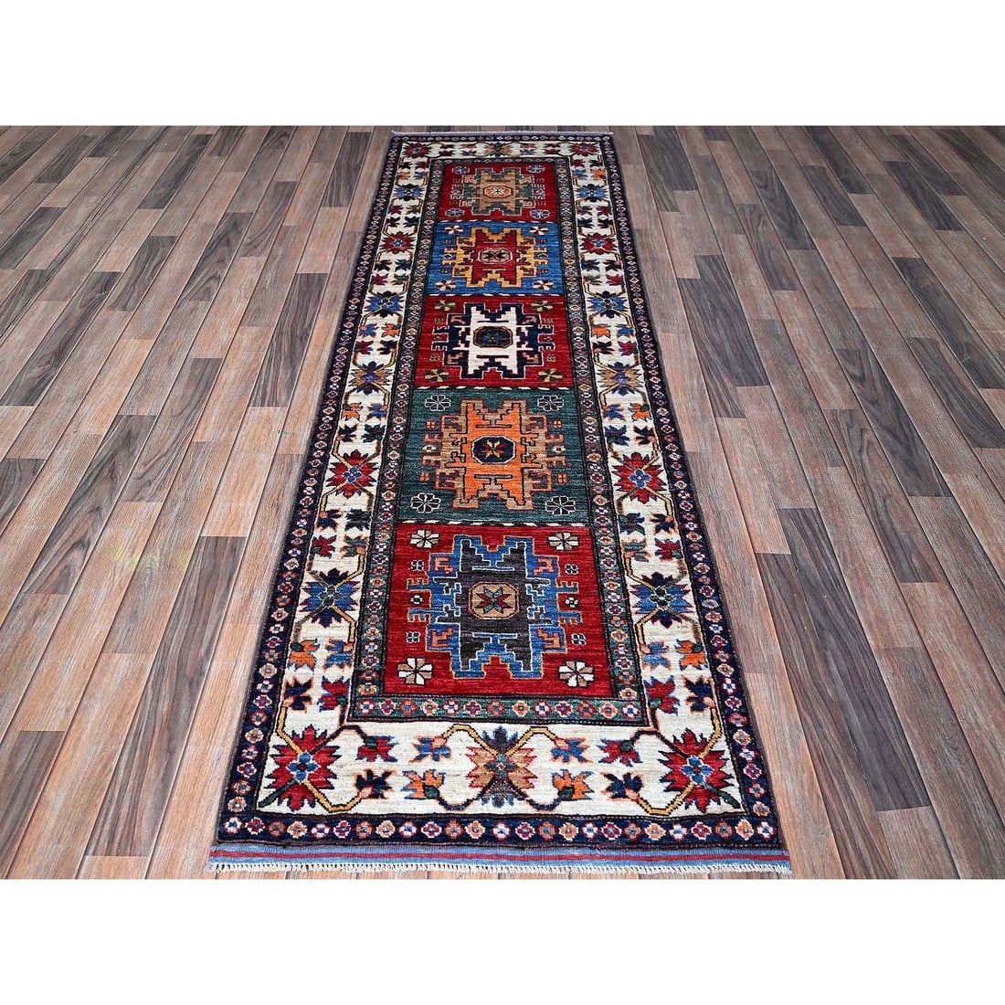 Colorful Caucasian Design Revival Soft Wool Hand Knotted Runner Rug - 2