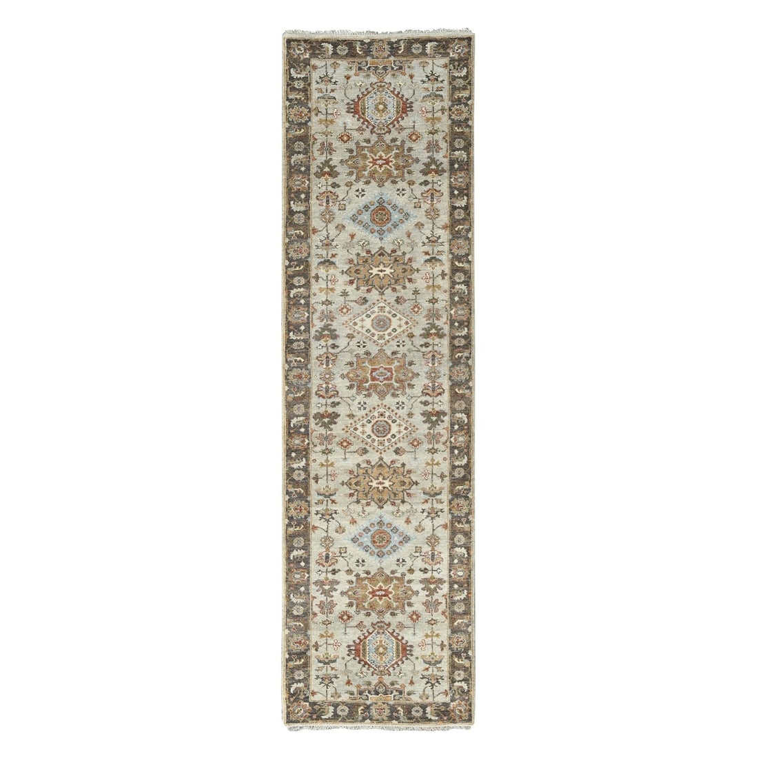 Goose Gray, Karajeh Design, Pure Wool, Hand Knotted Runner Rug: Title: Goose Gray, Karajeh Design, Pure Wool, Hand Knotted Runner Rug Description:This is a truly genuine one-of-a-kind. It has been Knotted for months and months in the centuries-old weaving