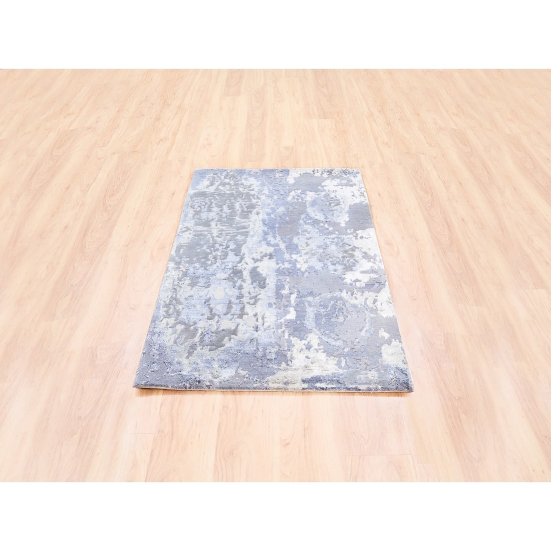 Wool and Silk Gray and Blue Abstract Design Hand Knotted Modern Rug - 2