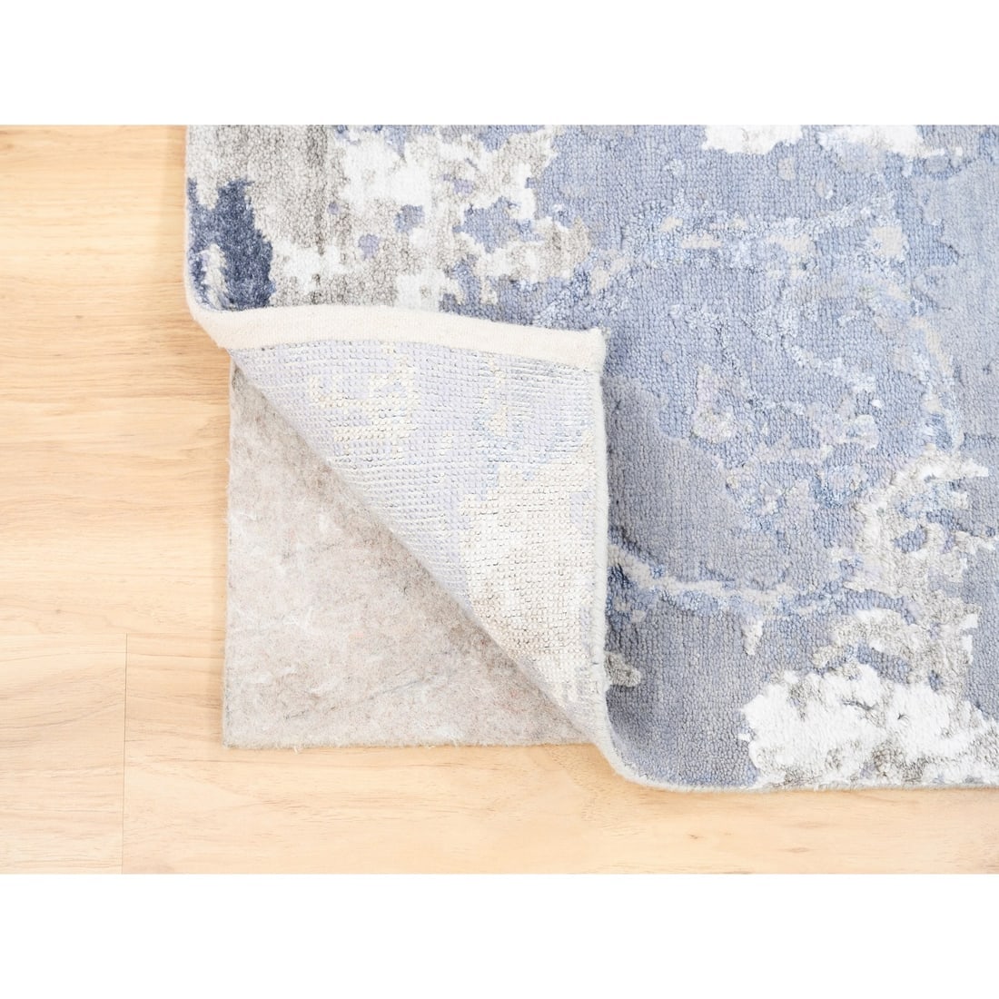 Wool and Silk Gray and Blue Abstract Design Hand Knotted Modern Rug - 3