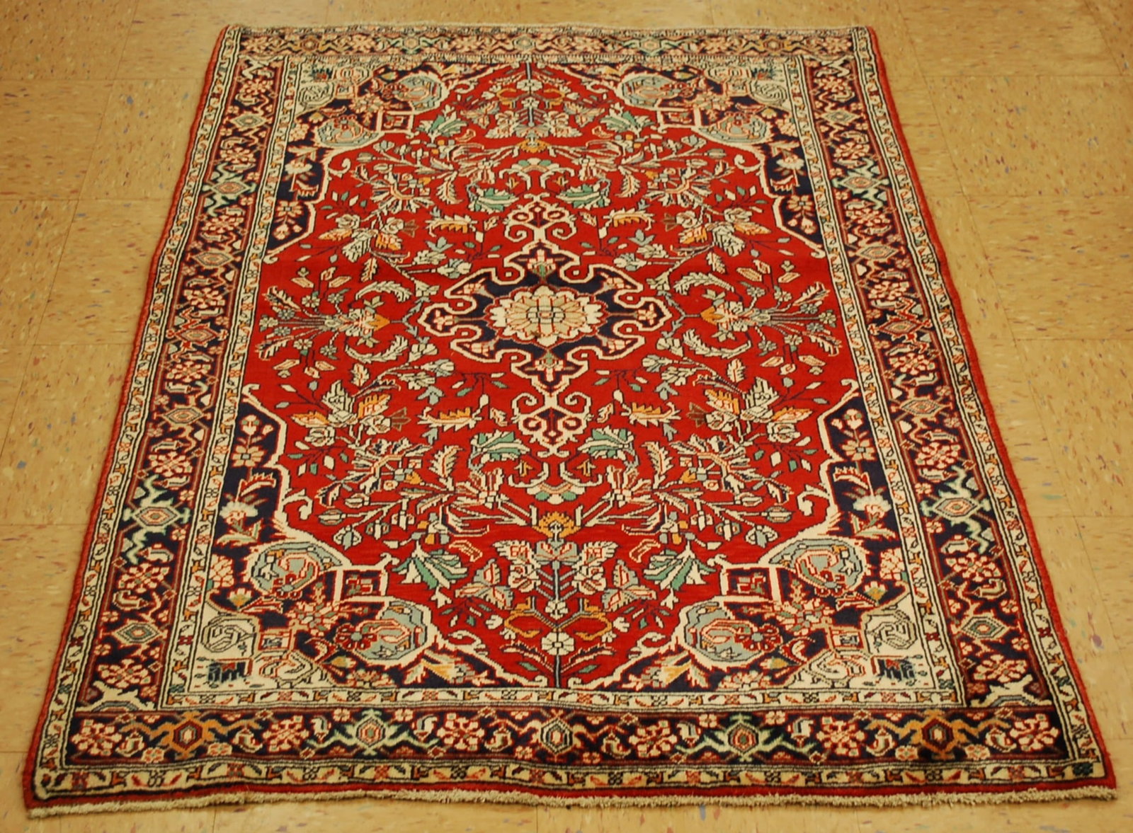 Persian BIJAR RUG ,3'5" x 4'8": Title: Persian BIJAR RUG ,3'5" x 4'8" Descritpion:OLD,ANTIQUE HIGHLY DETAILED Persian BIJAR ORIENTAL RUG CLASSIC VILLAGE WOVEN......... Red field with Royal Blue border................Kork wool woven