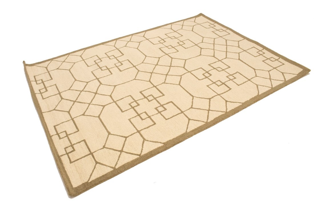 Cream & Brown Geometric 5X8 Hand-Tufted Modern Rug - 5