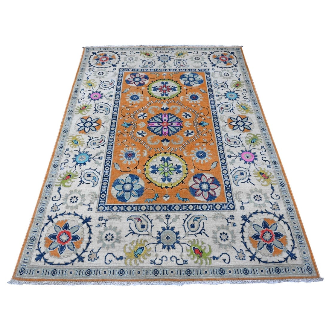Metallic Orange Colorful Fusion Kazak Caucasian Design Oriental Rug: Title: Metallic Orange Colorful Fusion Kazak Caucasian Design Oriental Rug Description:This is a truly genuine one-of-a-kind. It has been Knotted for months and months in the centuries-old weaving
