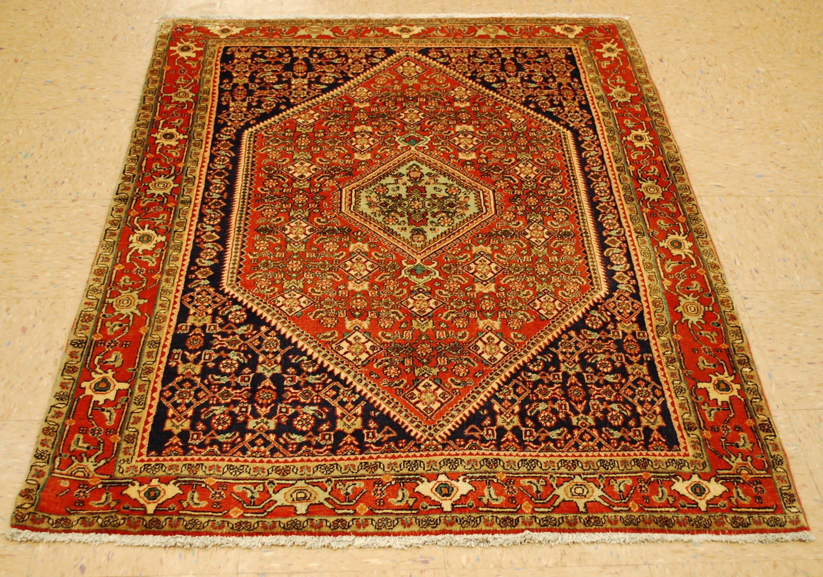 Persian BIJAR RUG 4'x5'4": Title: Persian BIJAR RUG 4'x5'4" Descritpion:OLD,ANTIQUE HIGHLY DETAILED CLASSIC VILLAGE WOVEN Persian BIJAR ORIENTAL RUG with exact size of 4' x 5' 4" ...Beautiful Pale Green center medallion with