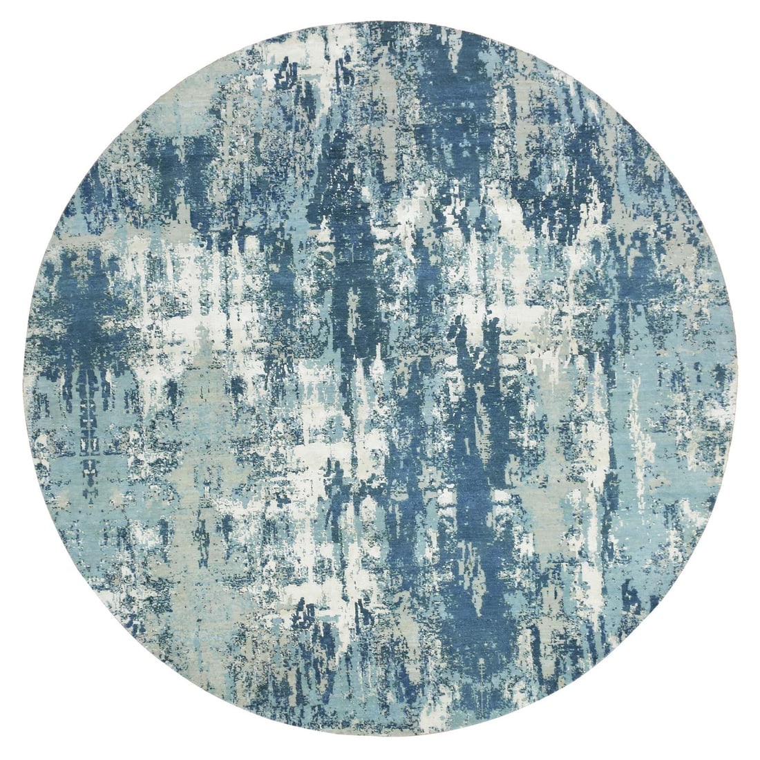 Blue, Hand Knotted Abstract Design, Pure Silk and Wool Round Rug: Title: Blue, Hand Knotted Abstract Design, Pure Silk and Wool Round Rug Description:This is a truly genuine one-of-a-kind. It has been Knotted for months and months in the centuries-old weaving
