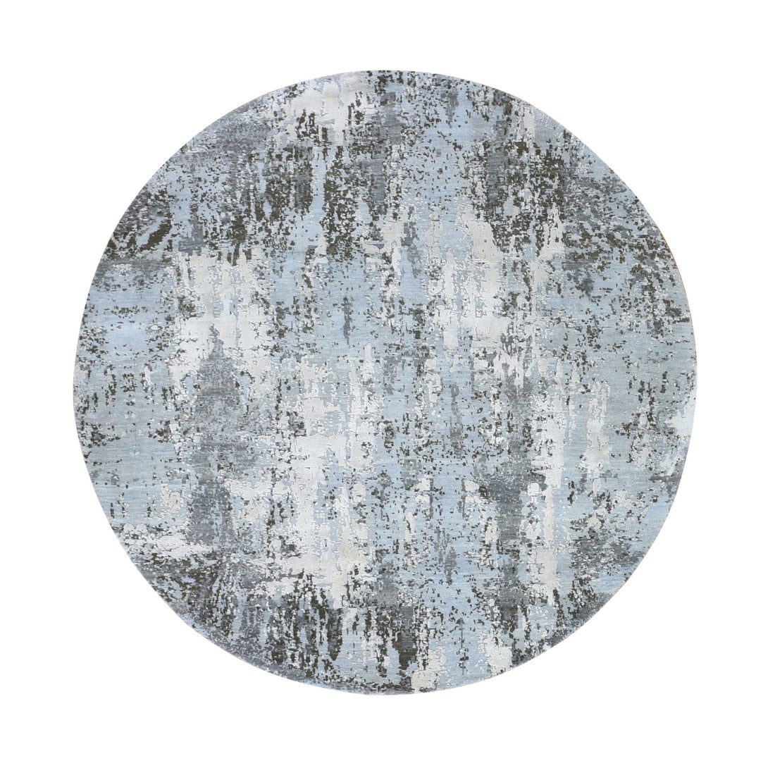 Denser Weave Blue Round Abstract Design Persian Knot Wool and Silk Rug: Title: Denser Weave Blue Round Abstract Design Persian Knot Wool and Silk Rug Description:This is a truly genuine one-of-a-kind. It has been Knotted for months and months in the centuries-old weaving