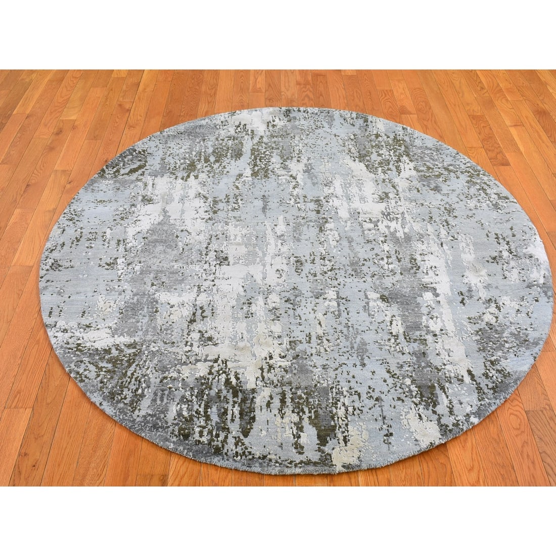 Denser Weave Blue Round Abstract Design Persian Knot Wool and Silk Rug - 2