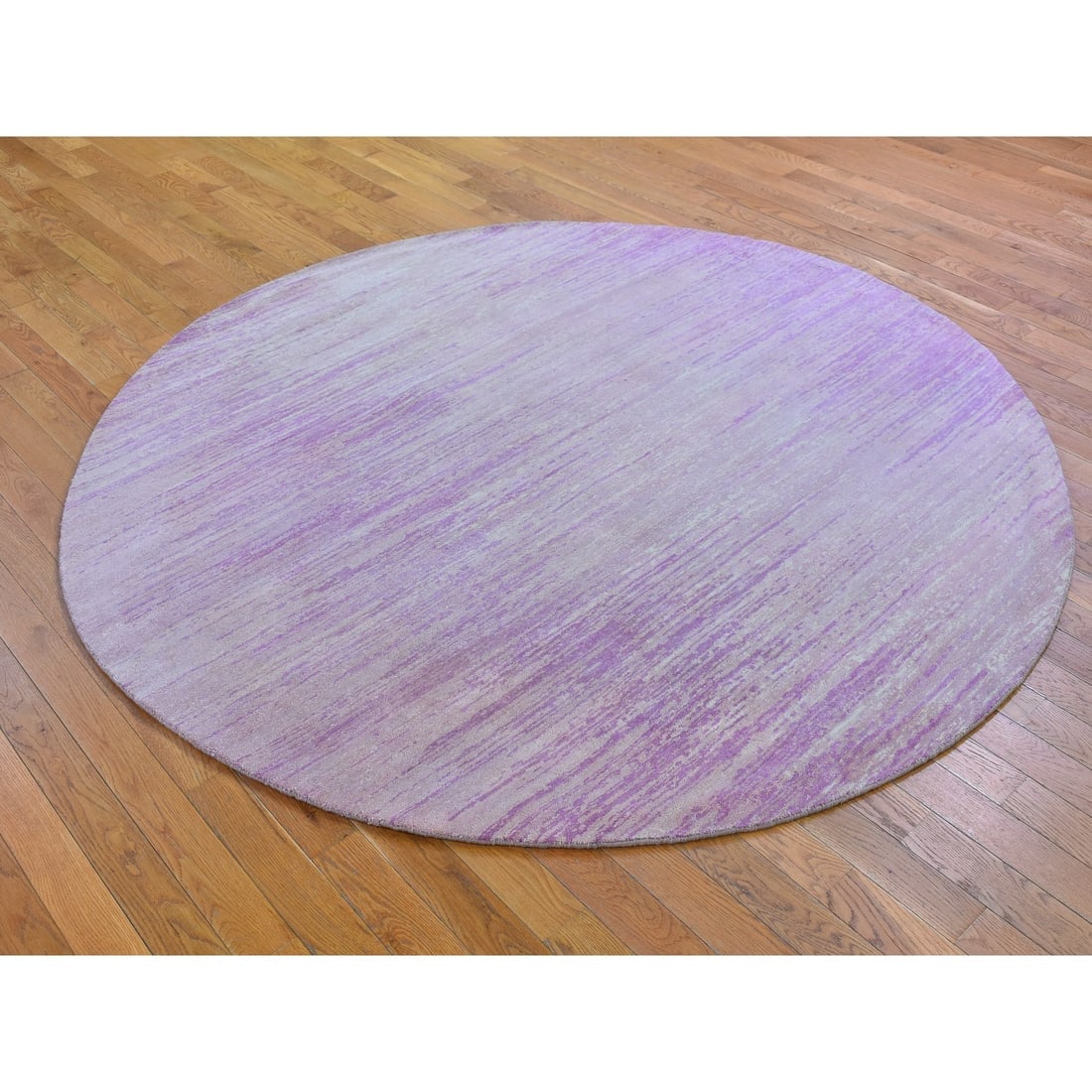 Pink Thick and Plush Pure Wool Ombre Design Hand Knotted Round Rug - 3