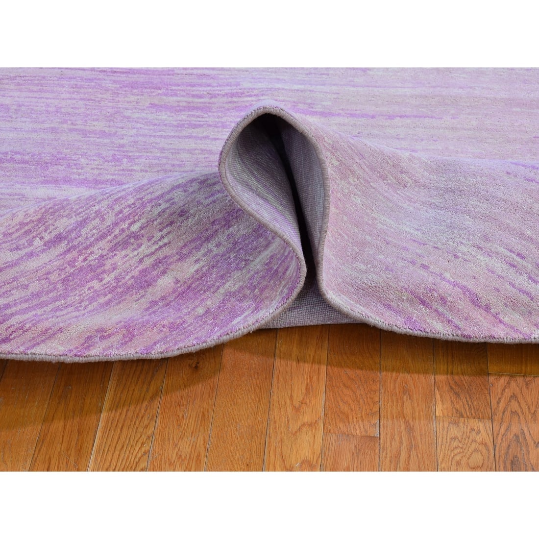 Pink Thick and Plush Pure Wool Ombre Design Hand Knotted Round Rug - 5