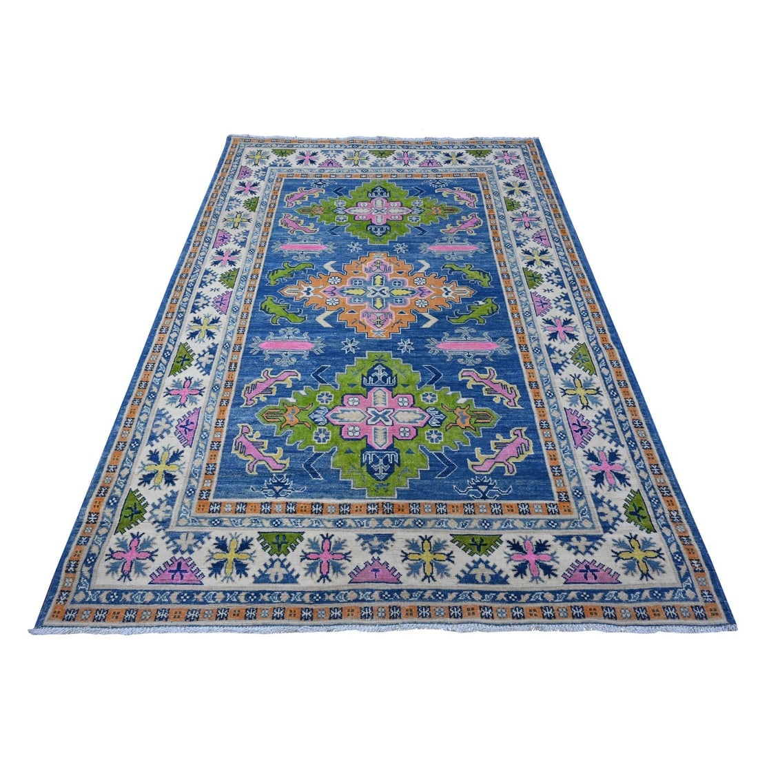 Chelsea Blue Fusion Kazak Soft Shiny Wool Hand Knotted Oriental Rug: Title: Chelsea Blue Fusion Kazak Soft Shiny Wool Hand Knotted Oriental Rug Description:This is a truly genuine one-of-a-kind. It has been Knotted for months and months in the centuries-old weaving