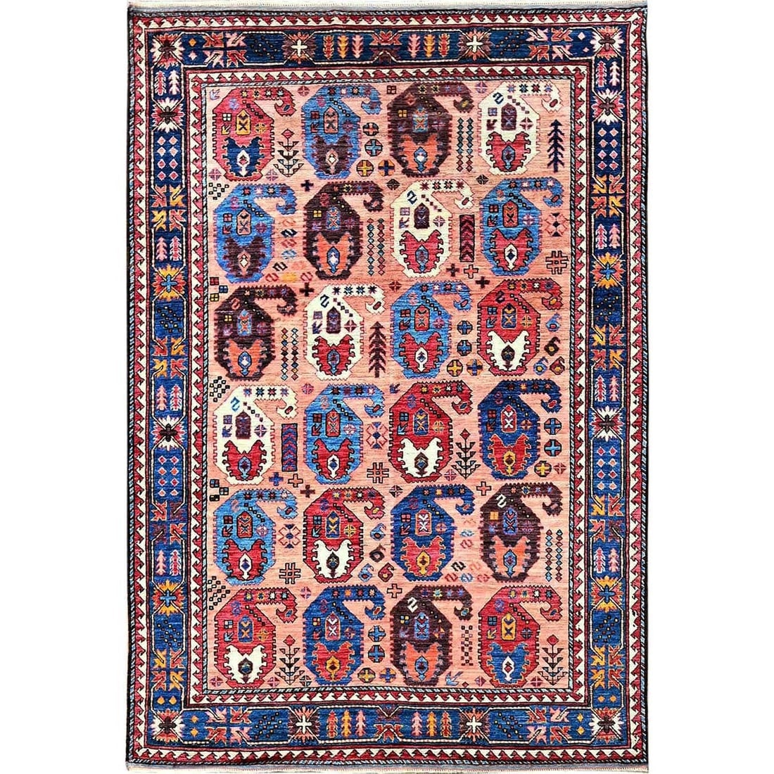 Peach Color Caucasian Design Revival Hand Knotted Wool Oriental Rug: Title: Peach Color Caucasian Design Revival Hand Knotted Wool Oriental Rug Description:This is a truly genuine one-of-a-kind. It has been Knotted for months and months in the centuries-old weaving