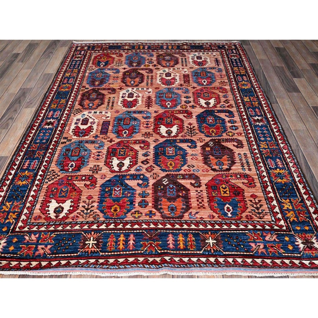 Peach Color Caucasian Design Revival Hand Knotted Wool Oriental Rug - 2