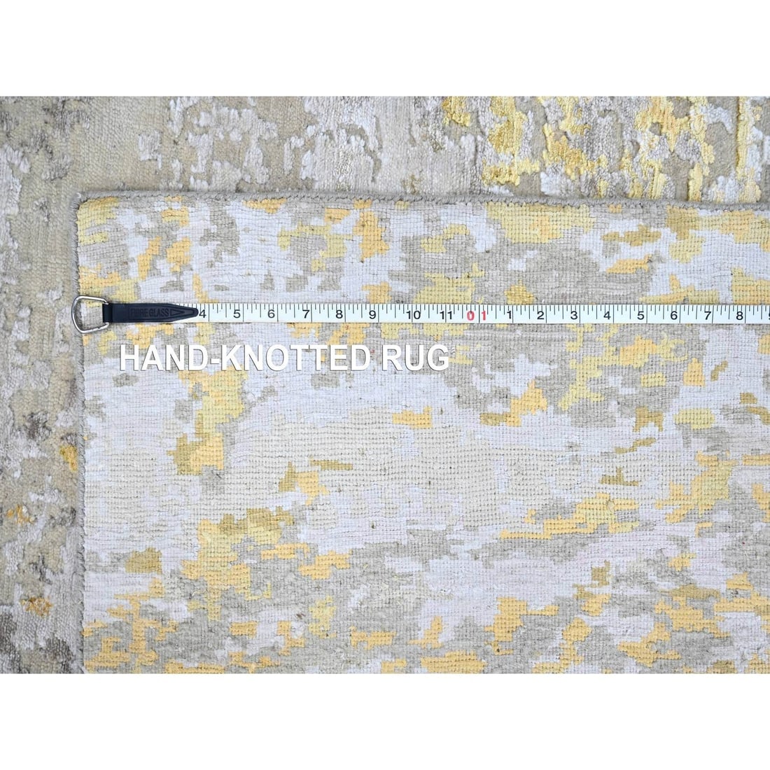 Beige-Gold Hi-Low Pile Abstract Design Wool and Silk Hand Knotted Rug - 11