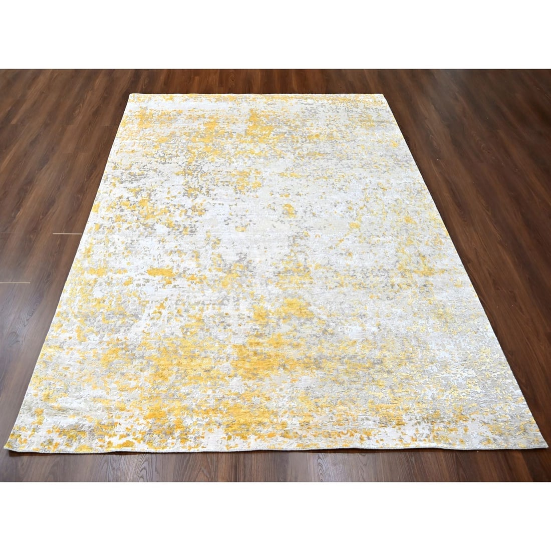 Beige-Gold Hi-Low Pile Abstract Design Wool and Silk Hand Knotted Rug - 2