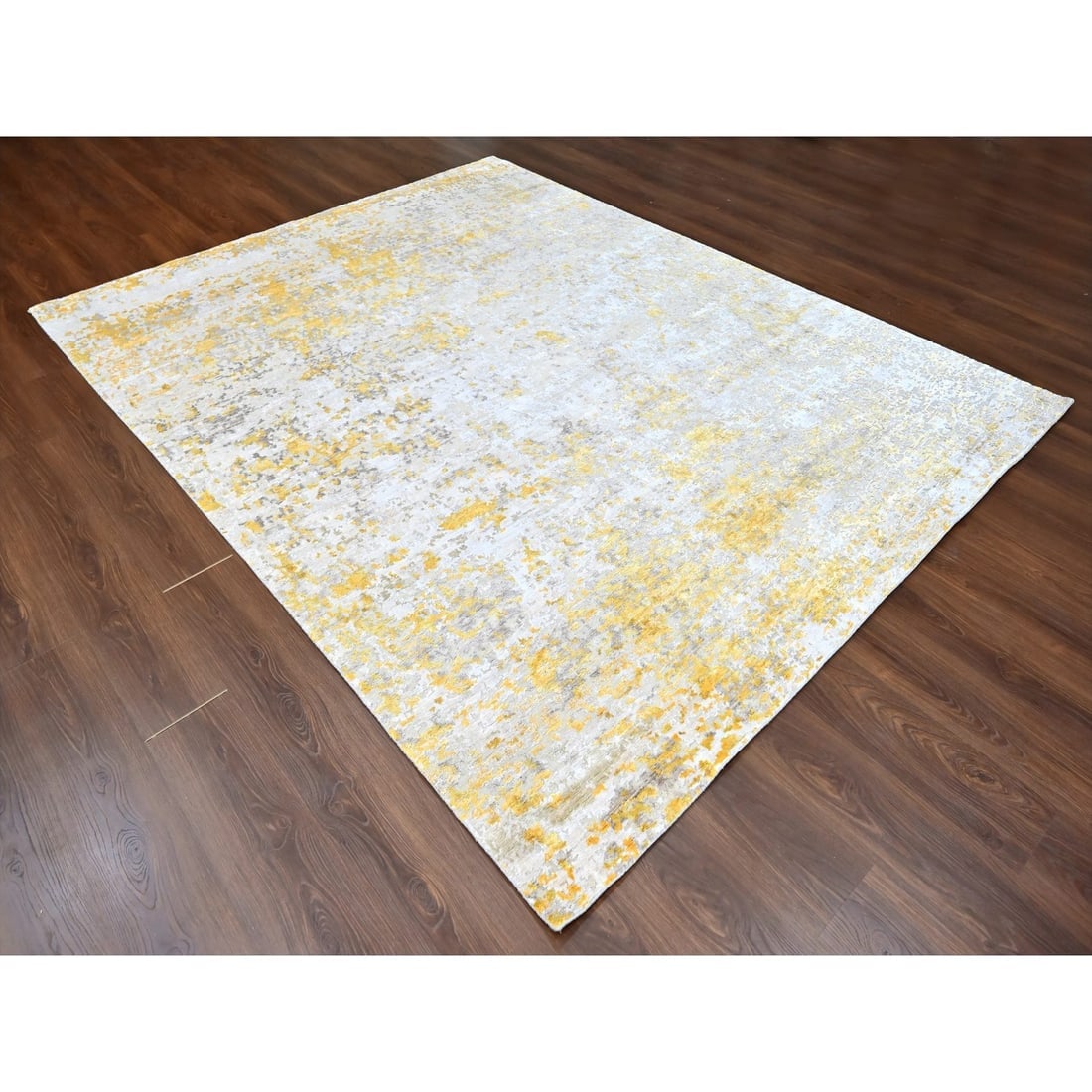 Beige-Gold Hi-Low Pile Abstract Design Wool and Silk Hand Knotted Rug - 3
