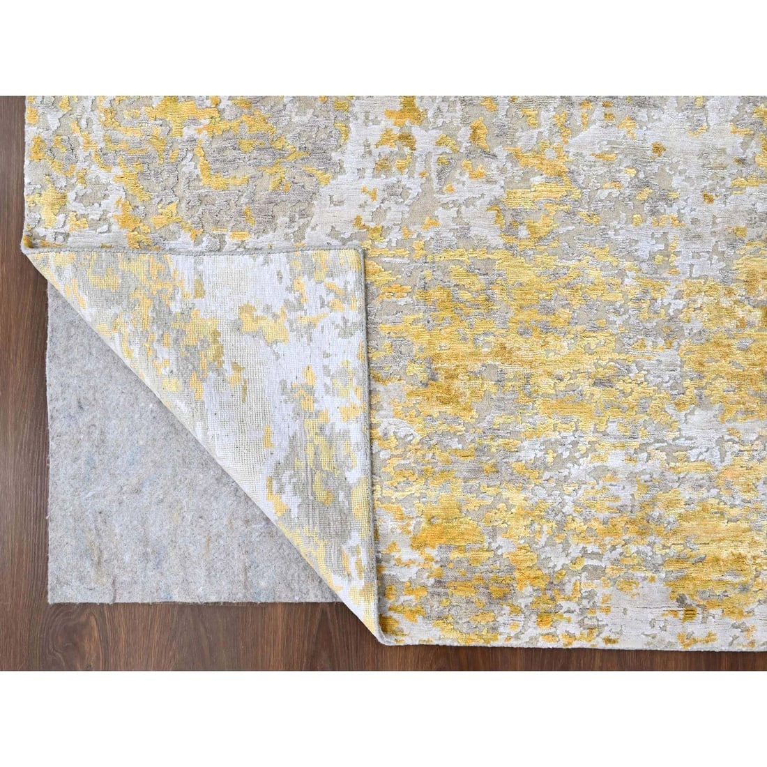 Beige-Gold Hi-Low Pile Abstract Design Wool and Silk Hand Knotted Rug - 4