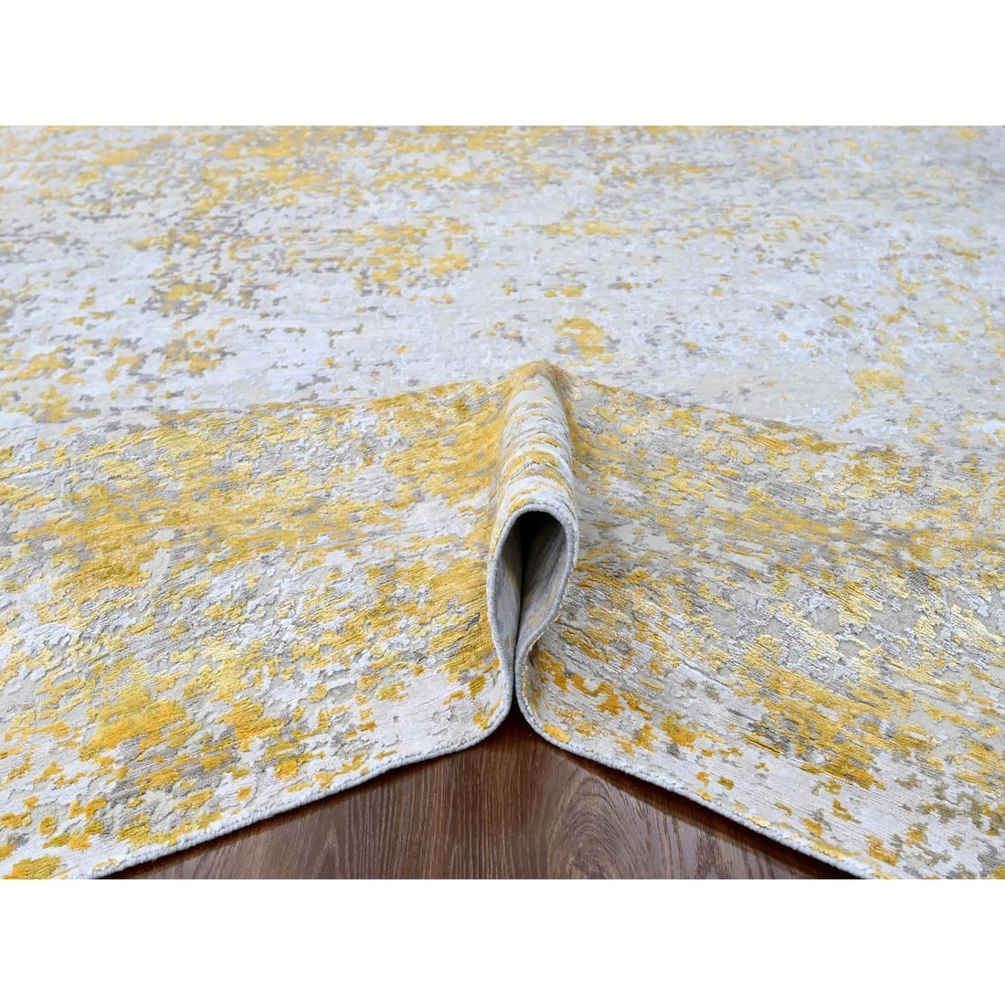 Beige-Gold Hi-Low Pile Abstract Design Wool and Silk Hand Knotted Rug - 5