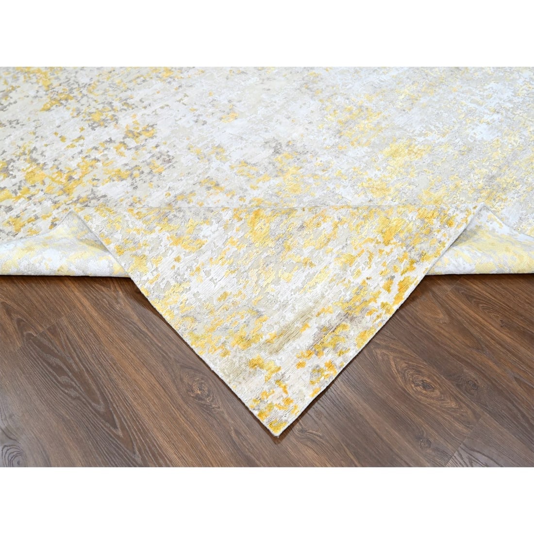 Beige-Gold Hi-Low Pile Abstract Design Wool and Silk Hand Knotted Rug - 6