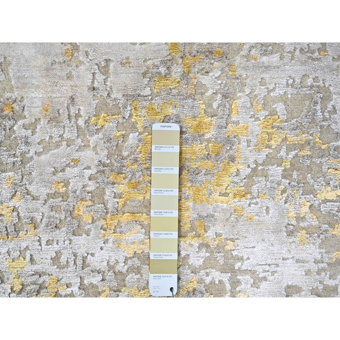 Beige-Gold Hi-Low Pile Abstract Design Wool and Silk Hand Knotted Rug - 7