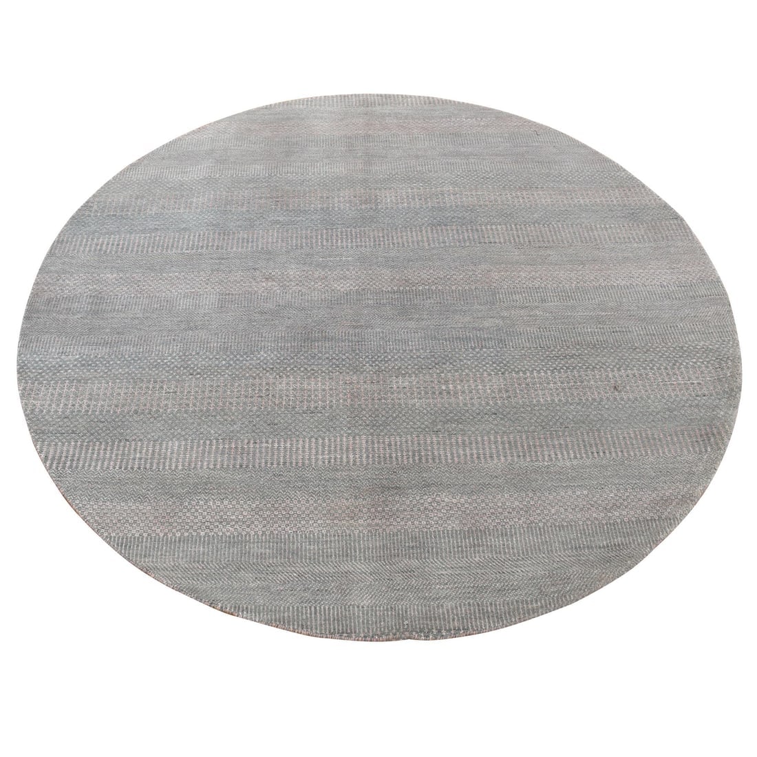 Cloud Gray, Wool and Silk, Grass Design, Hand Knotted, Round Rug: Title: Cloud Gray, Wool and Silk, Grass Design, Hand Knotted, Round Rug Description:This is a truly genuine one-of-a-kind. It has been Knotted for months and months in the centuries-old weaving