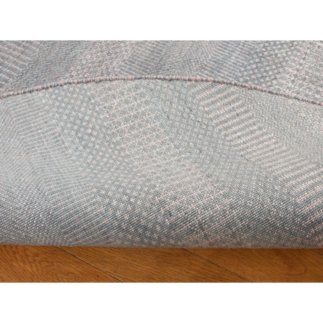 Cloud Gray, Wool and Silk, Grass Design, Hand Knotted, Round Rug - 2