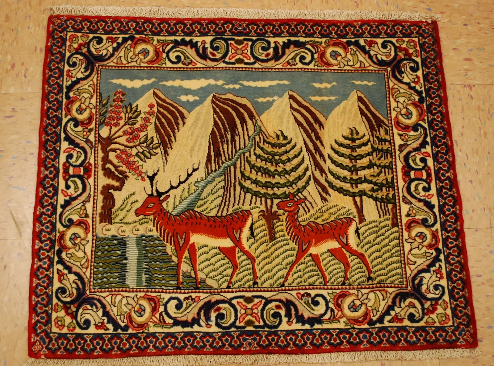 Persian TABRIZ RUG ,2.4x2.9: Title: Persian TABRIZ RUG ,2.4x2.9 Descritpion:ANTIQUE DETAILED ANIMAL DEER SUBJECTS DESIGN FINE Persian TABRIZ RUG HIGH KPSI_KORK WOOL with exact size of 2' 4" x 2' 9" Wool woven on cotton foundation