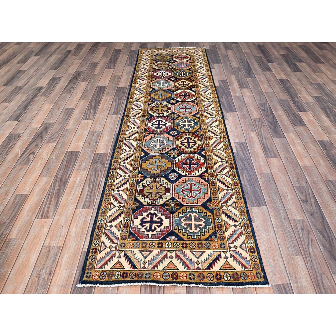 Blue Afghan Special Kazak Hand Knotted Wool Wide Runner Oriental Rug - 2