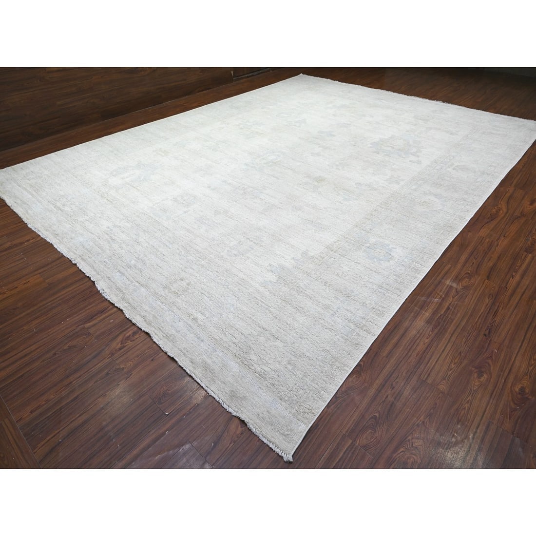 Smoky White Wool Hand Knotted Afghan Angora Oushak Oversized Rug - 3