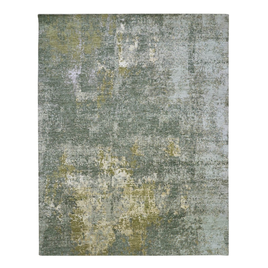 Green Abstract with Galaxy Design Persian Knot Hand Knotted Wool Rug: Title: Green Abstract with Galaxy Design Persian Knot Hand Knotted Wool Rug Description:This is a truly genuine one-of-a-kind. It has been Knotted for months and months in the centuries-old weaving