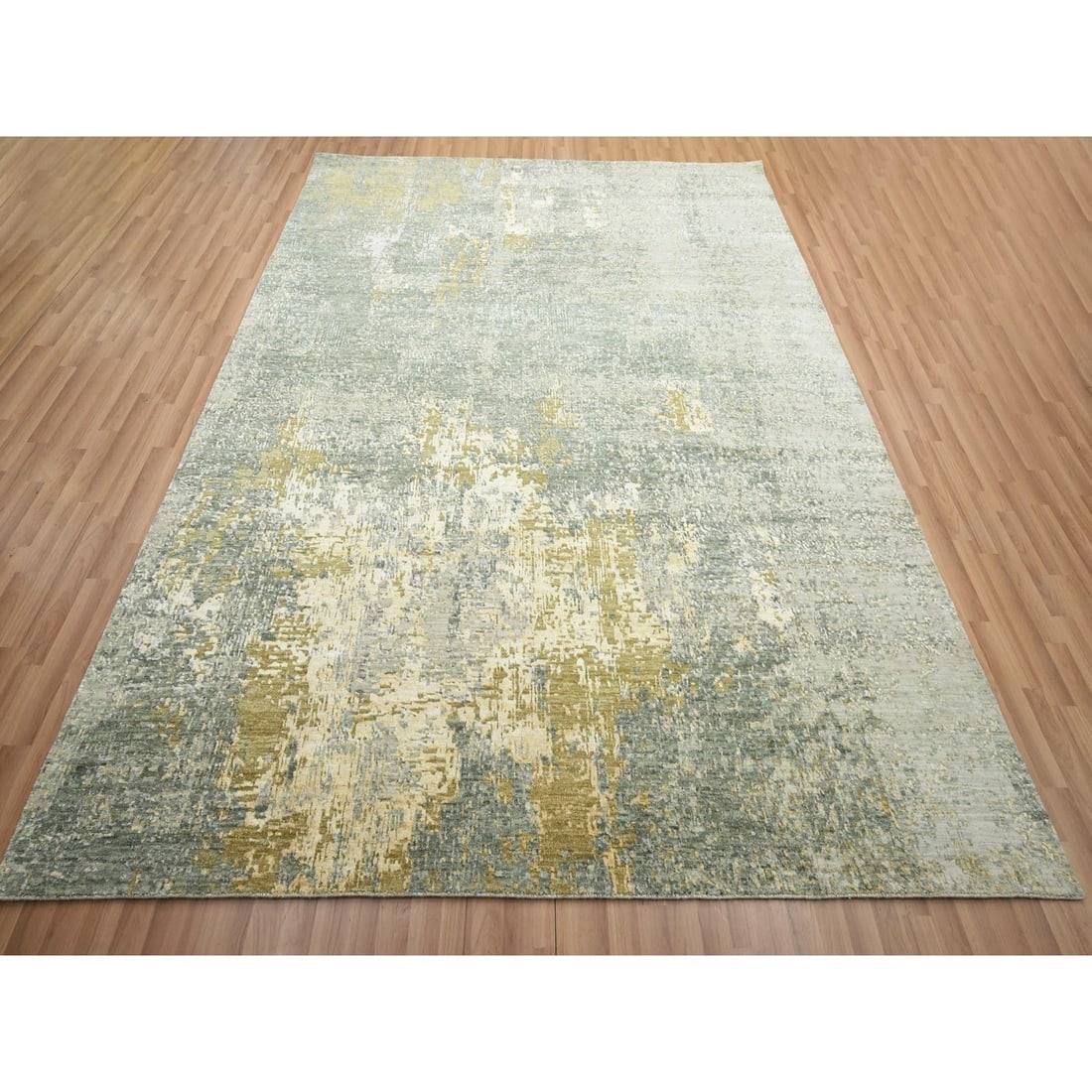 Green Abstract with Galaxy Design Persian Knot Hand Knotted Wool Rug - 2