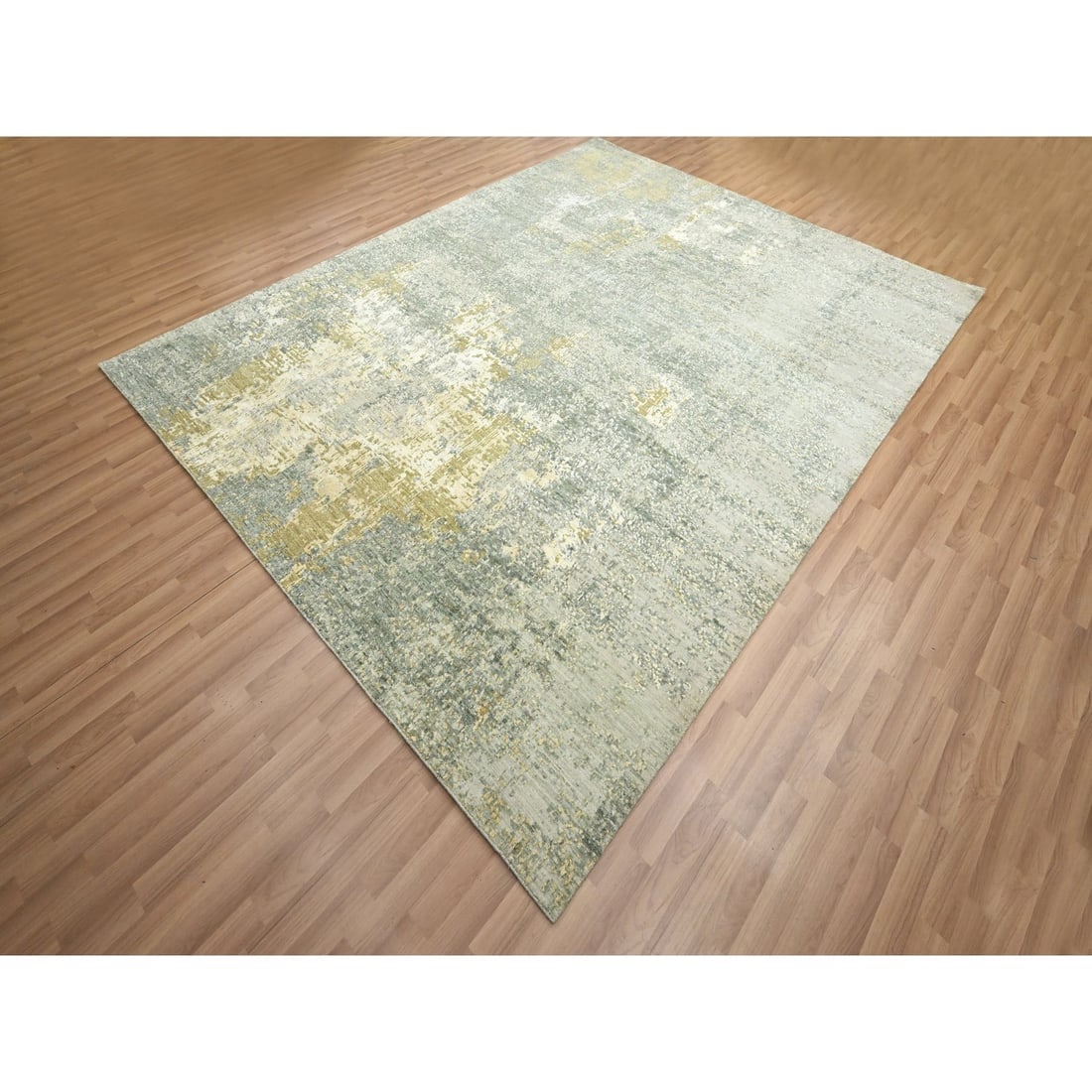 Green Abstract with Galaxy Design Persian Knot Hand Knotted Wool Rug - 3