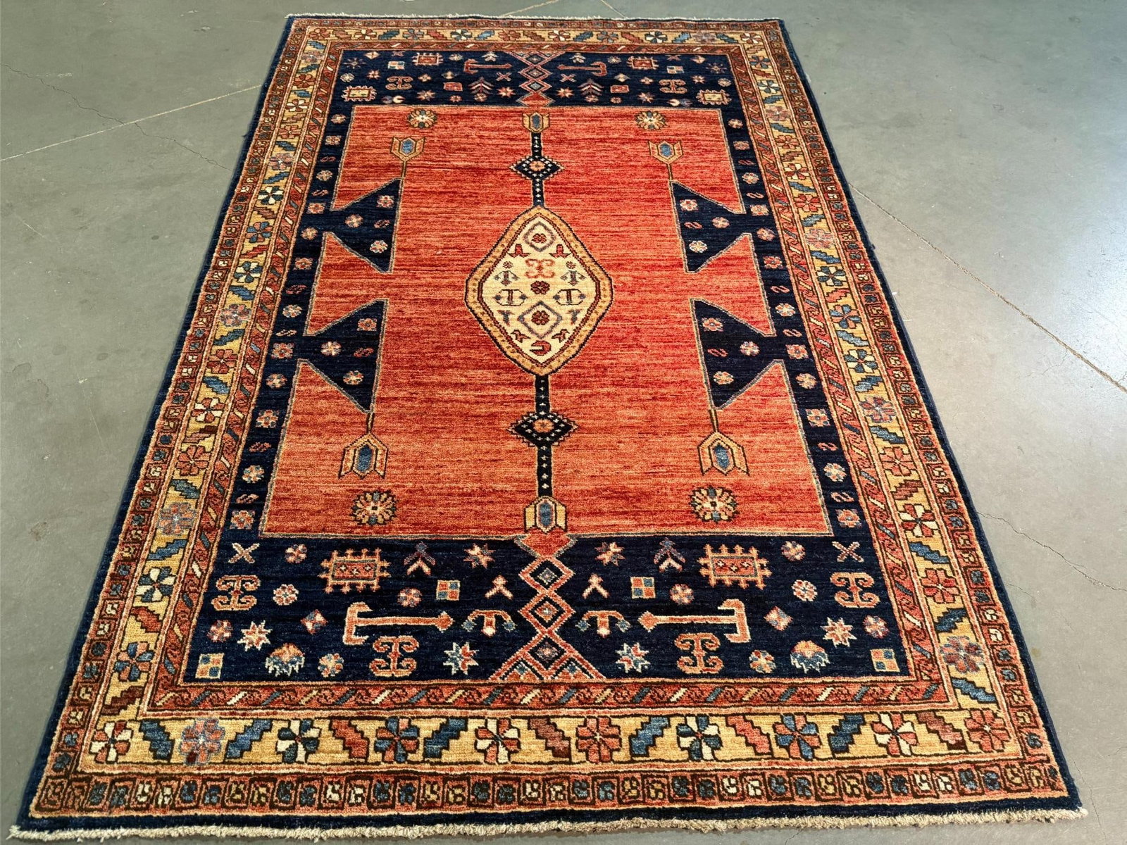Stunning Kazak Rug 4.2x6.2: Title:Stunning Kazak Rug 4.2x6.2 Description:Fine Authentic Super quality Kazak rug in rare and unique design high sheen beautiful muted red dark Blue and multi accent colors 100% hand spun ,Veggie