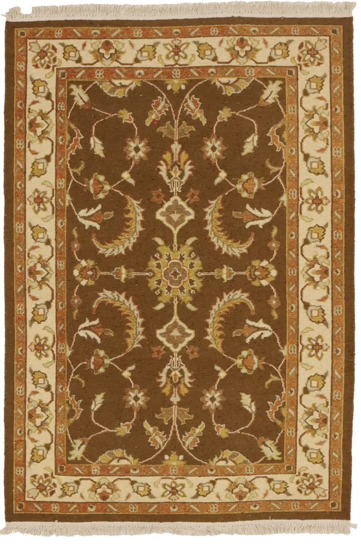 Dark Brown Floral 4X6 Sumak Oriental Rug: Title:Dark Brown Floral 4X6 Sumak Oriental Rug Description:Handmade 4X6 brown Oriental rug made with vegetable dyes (fine wool pile and cotton foundation), exceptional knot count, and appealing
