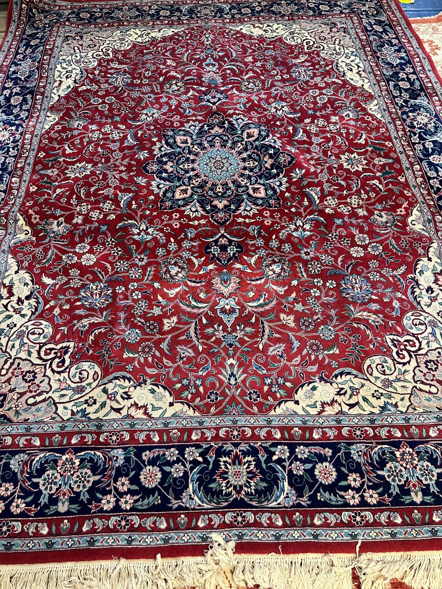 Hand Knotted Agra Tabriz Rug 7.6x10ft: Title:Hand Knotted Agra Tabriz Rug 7.6x10ft Description:Hand Knotted Agra Tabriz Rug 7.6x10ft Size:7.6x10ft Circa:1980 Origin: Material:100 %Wool Reserve: $500.00 Shipping: Domestic: Flat-rate of