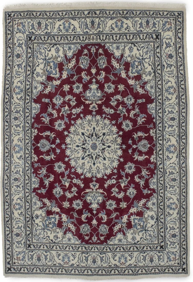 Red Floral Traditional 5'3X7'9 Nain Tabas Persian Rug: Title:Red Floral Traditional 5'3X7'9 Nain Tabas Persian Rug Description:Handmade vintage 5'3X7'9 red floral Persian rug made with natural dyes (fine wool pile and cotton foundation), superior knot