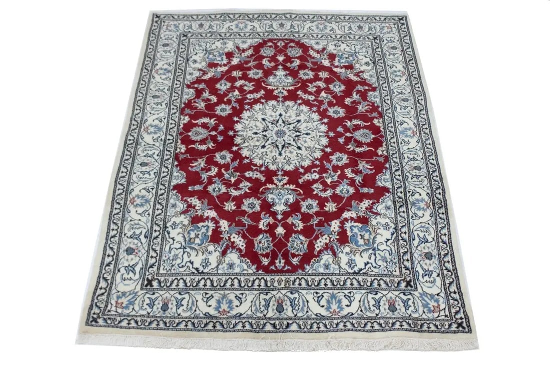 Red Floral Traditional 5'3X7'9 Nain Tabas Persian Rug - 7