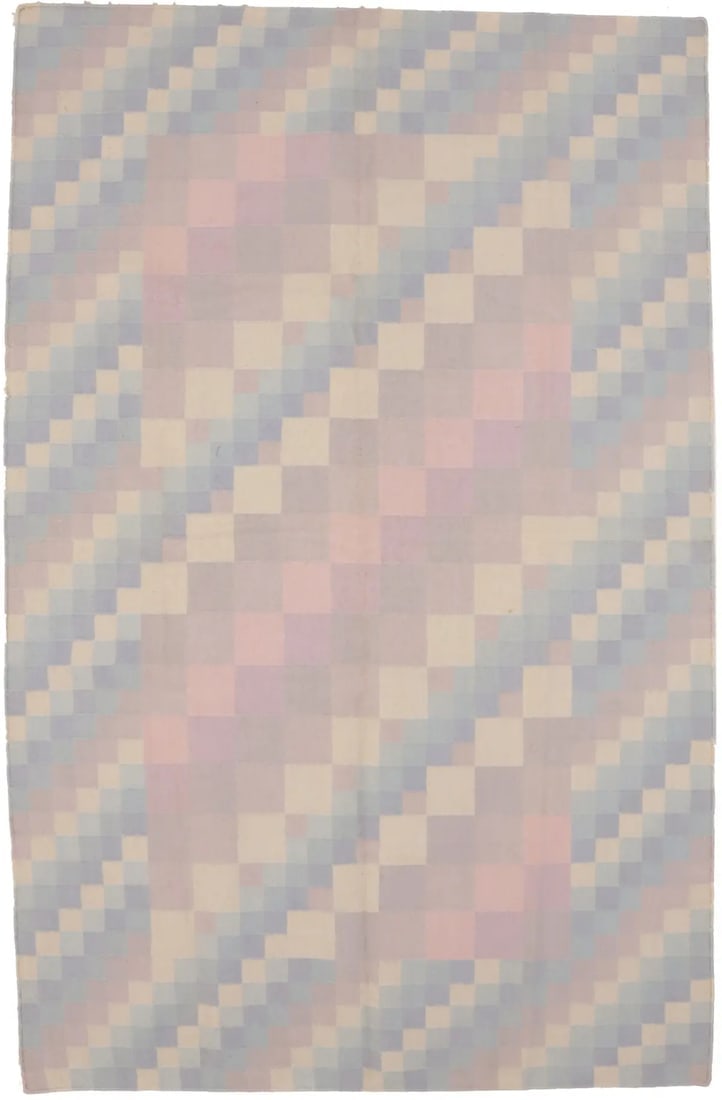 Multicolored Geometric Dhurrie 5'6X8'6 Indian Oriental Rug: Title:Multicolored Geometric Dhurrie 5'6X8'6 Indian Oriental Rug Description:Handmade 5'6X8'6 pink Oriental rug made with vegetable dyes (fine wool pile and cotton foundation), superior knot count,