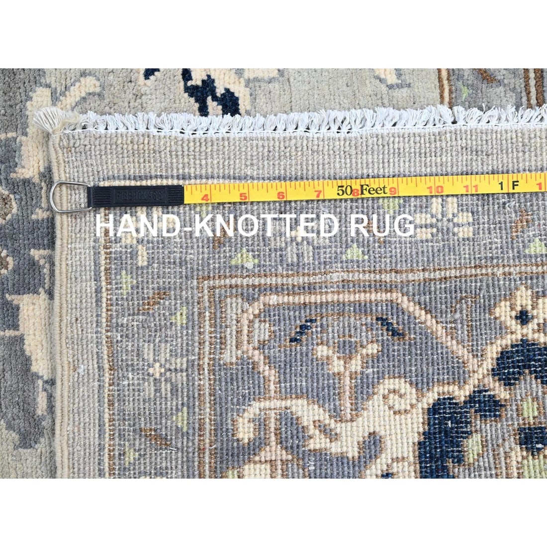 Gray, Afghan Peshawar with Serapi Heriz Design, Wool Hand Knotted Rug - 11