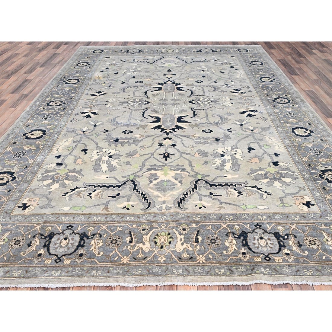 Gray, Afghan Peshawar with Serapi Heriz Design, Wool Hand Knotted Rug - 2