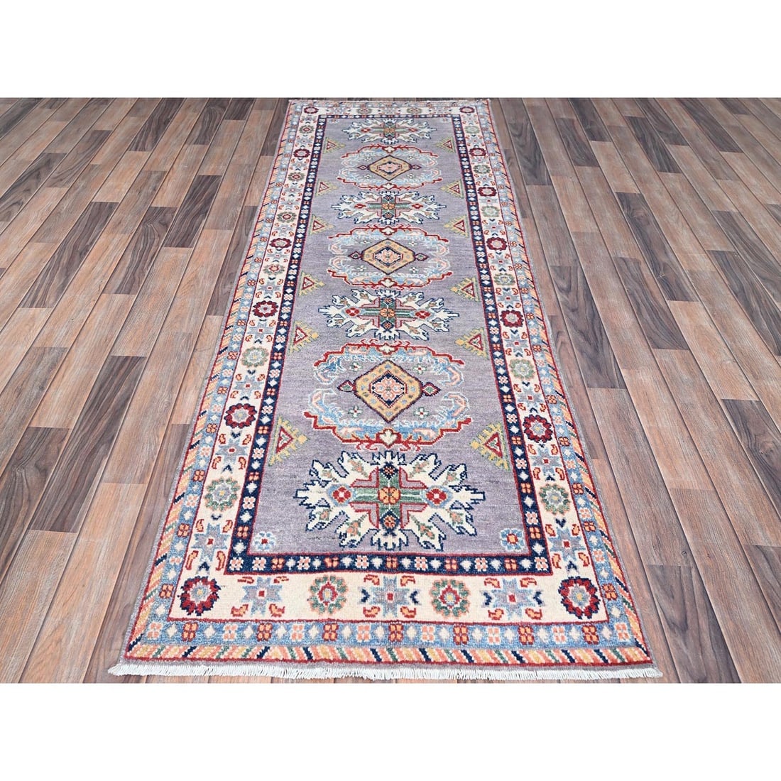 Gray Kazak Tribal Medallions Hand Knotted Oriental Runner Rug - 2