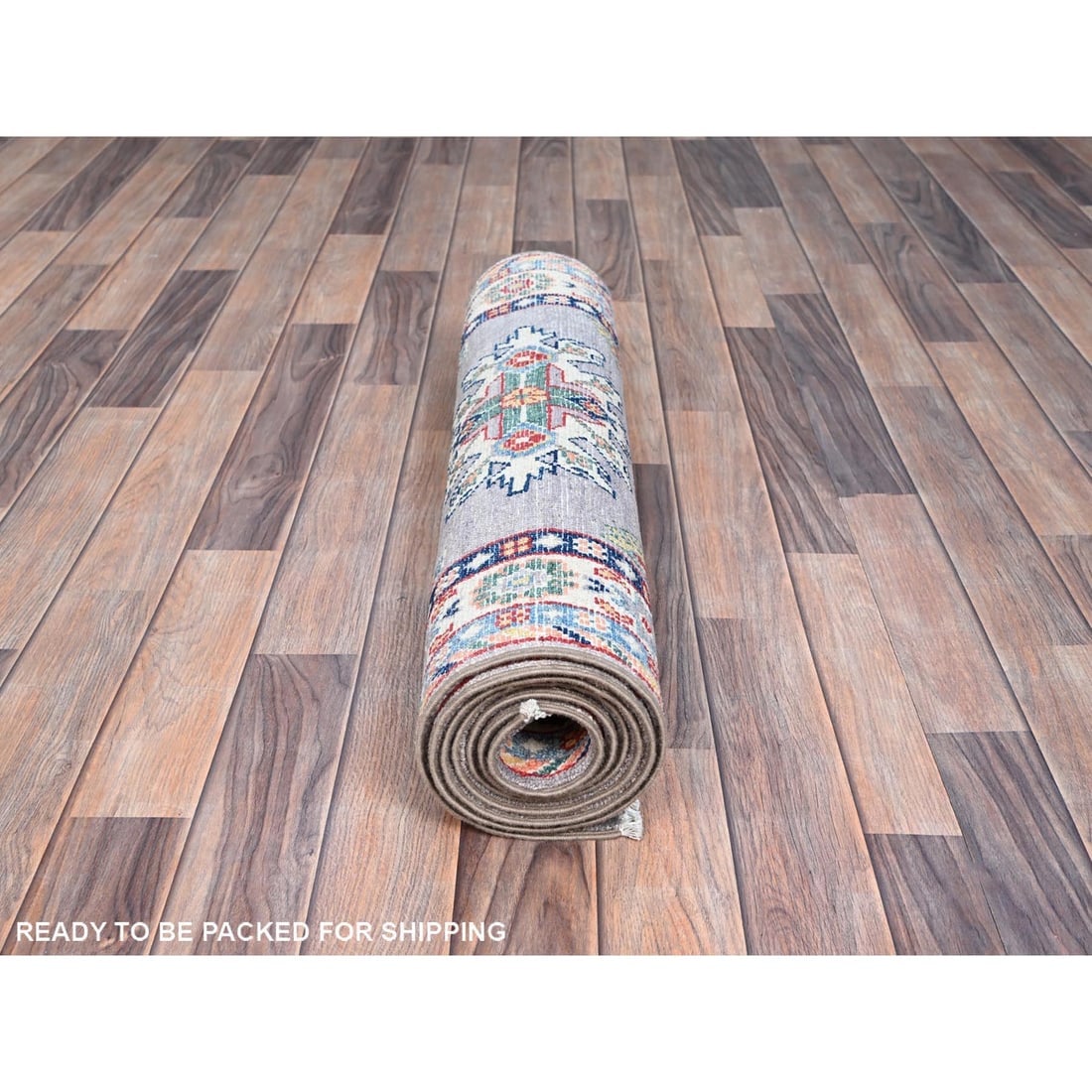 Gray Kazak Tribal Medallions Hand Knotted Oriental Runner Rug - 5