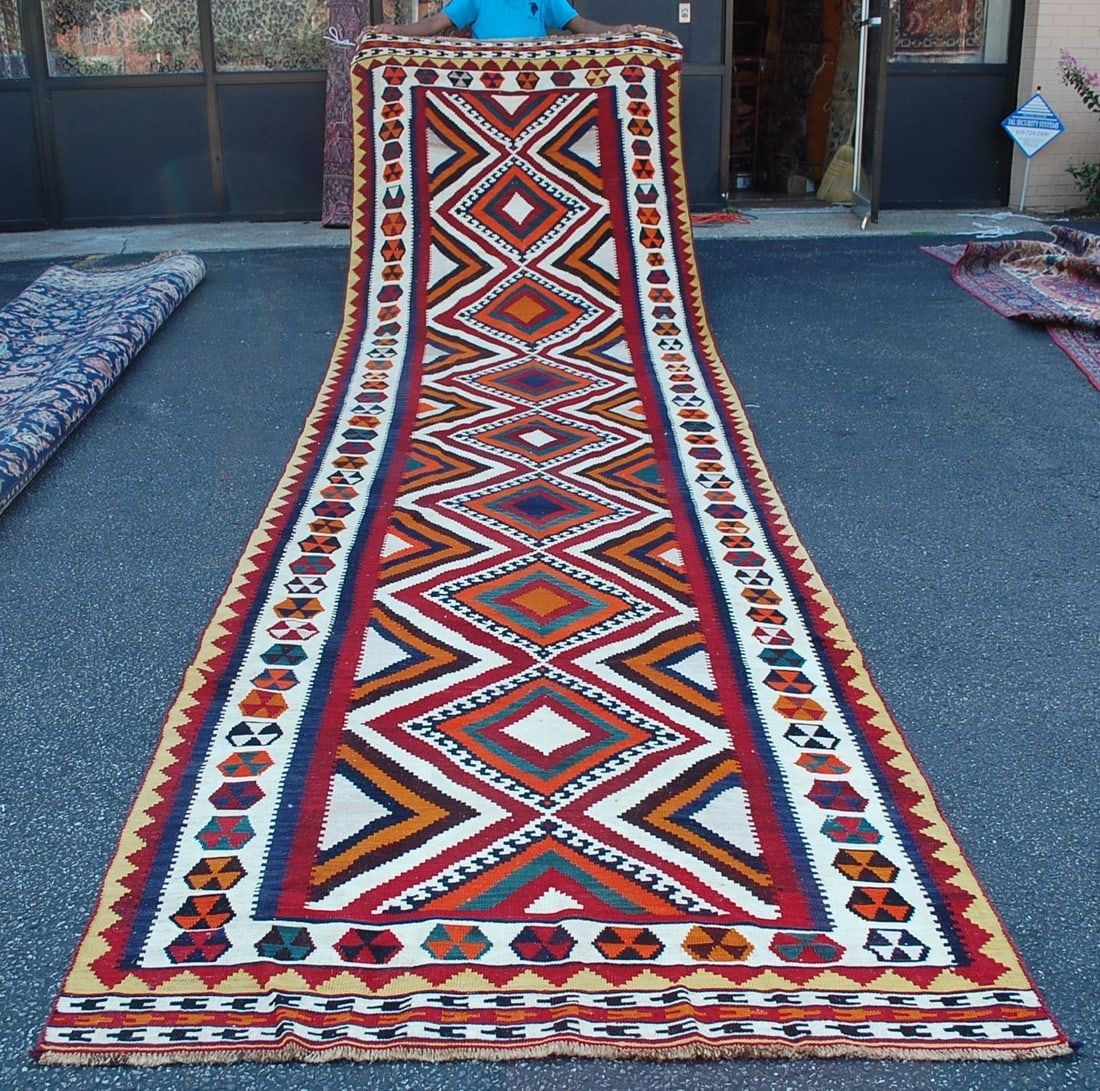 Persian SHIRAZ QSHKAI KILIM RUG ,5'3" x 19'9": Title: Persian SHIRAZ QSHKAI KILIM RUG ,5'3" x 19'9" Descritpion:ANTIQUE HIGHLY DETAILED COLORFUL DESIGN ALMOST IMPOSSIBLE TO FIND THIS SIZE Persian SHIRAZ QASHKAI NOMADIC KILIM ALSO CALLED FLAT