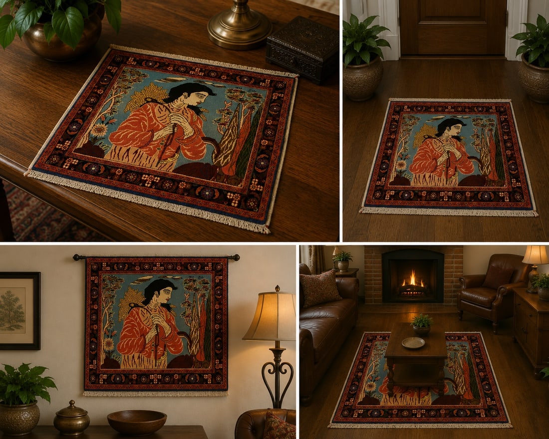 Persian BIJAR RUG,2'3" x 2'9": Title:Persian BIJAR RUG,2'3" x 2'9" Descritpion:OLD,ANTIQUE HIGHLY DETAILED CLASSIC VILLAGE GIRL SIGNED PERSIAN BIJAR PICTORAL ORIENTAL RUG.....wool woven on cotton foundation with a size of 2'3"x2'9"