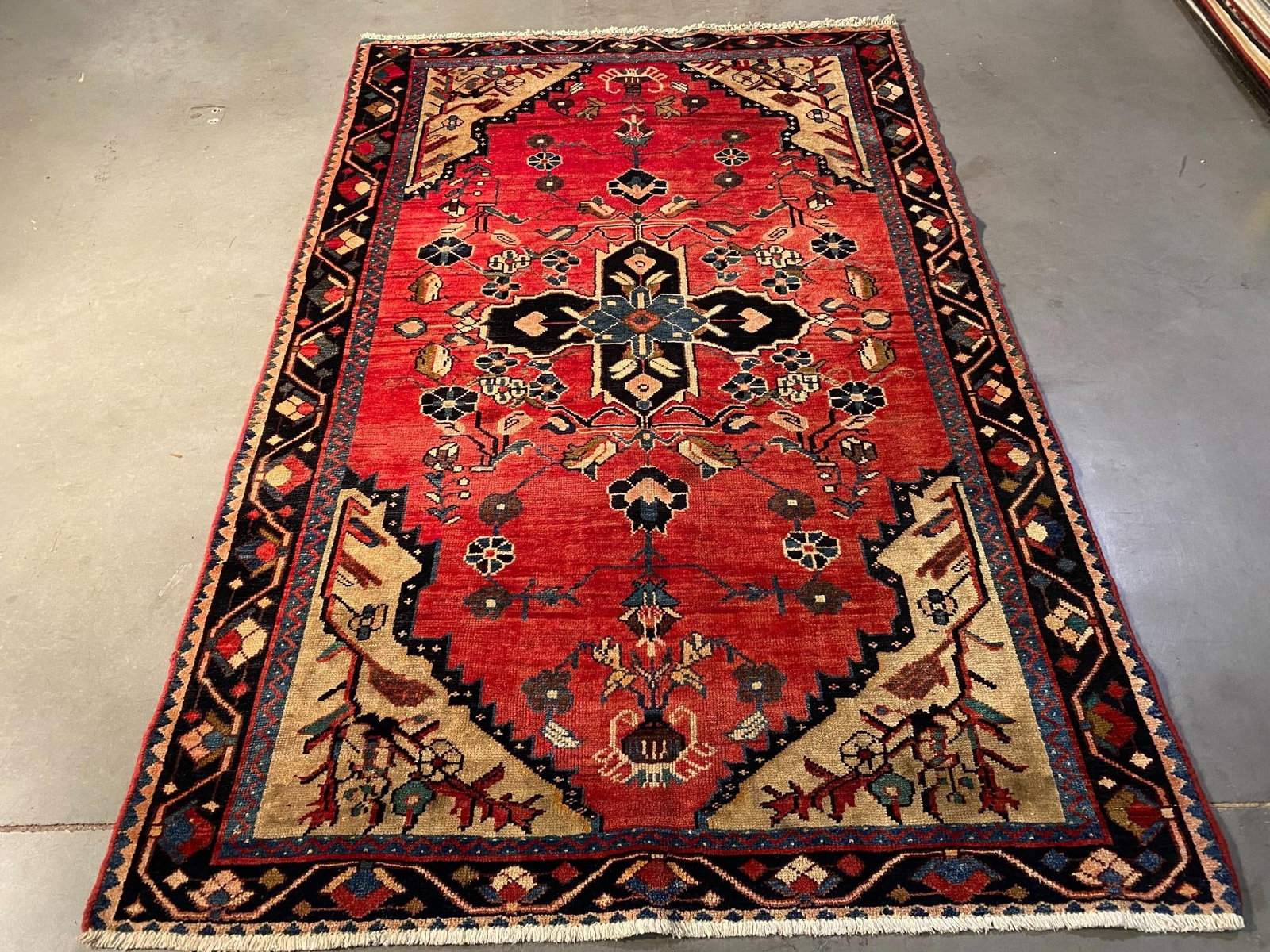 Magnificent Persian Rug 4'.5"x6'.9": Title:Magnificent Persian Rug 4'.5"x6'.9" Description:4'.5"x6'.9" Magnificent. Fine Antique Persian Hamedan wool rug, in rustic red, and multi other accent colors, vege dye natural wool ,cotton